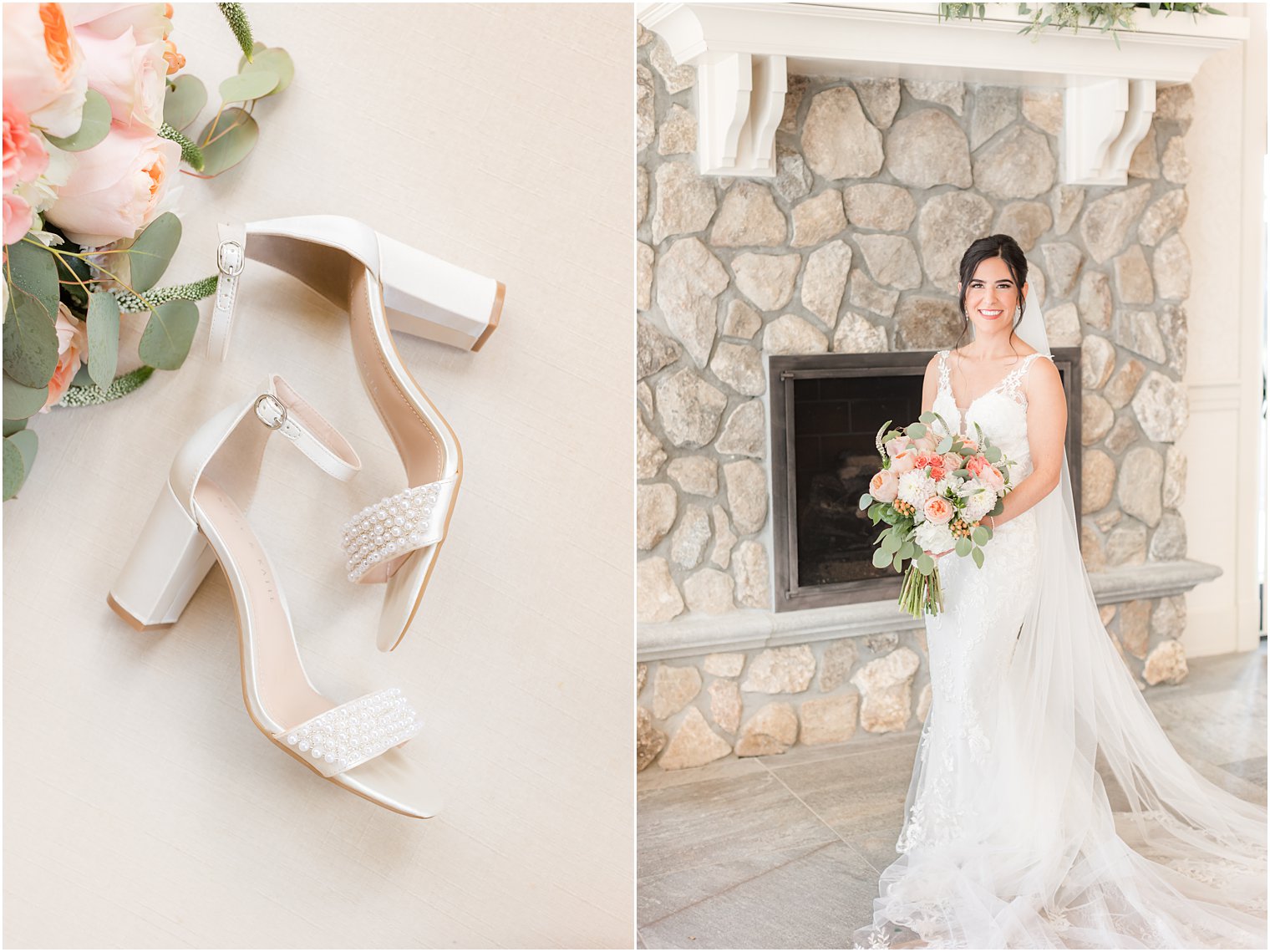 bride poses by stone fireplace at Indian Trail Club with bouquet of peach peonies