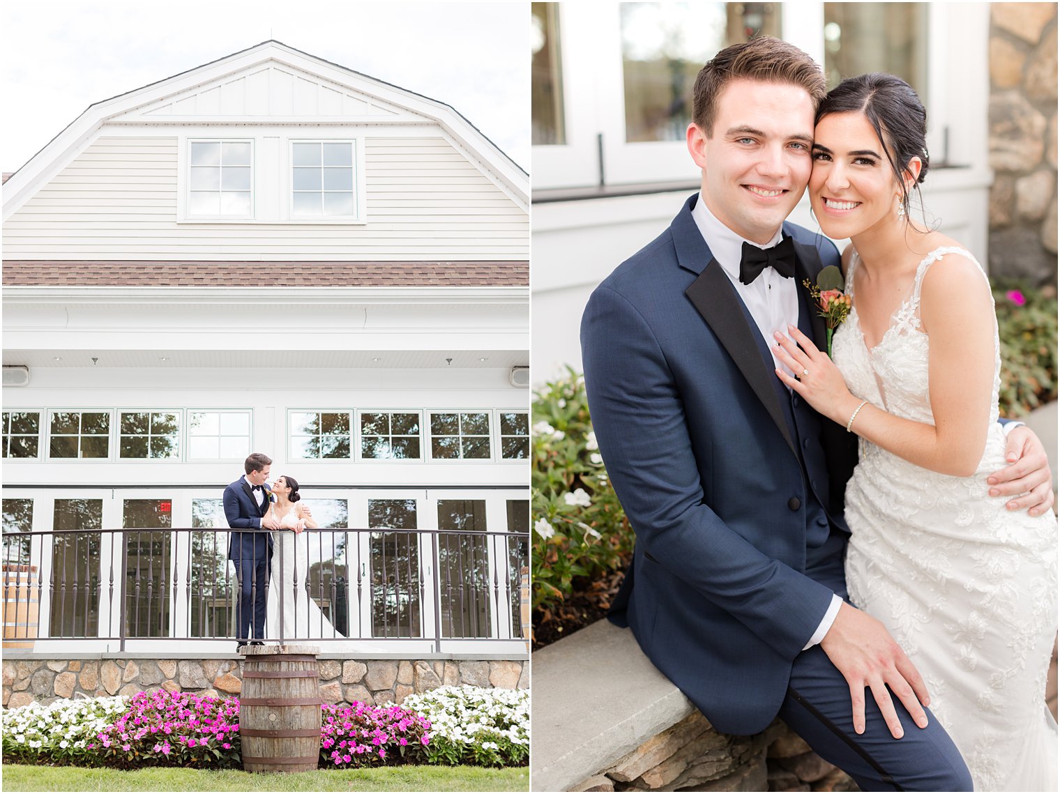 bride and groom stand on patio at Indian Trail Club