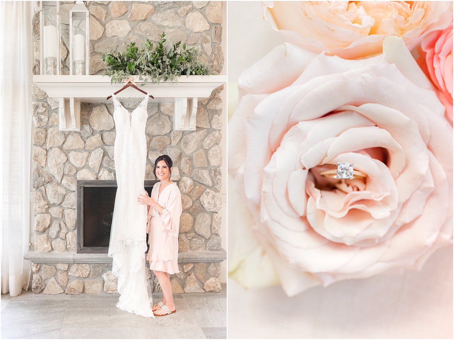 bride poses by wedding dress hanging on fireplace at Indian Trail Club