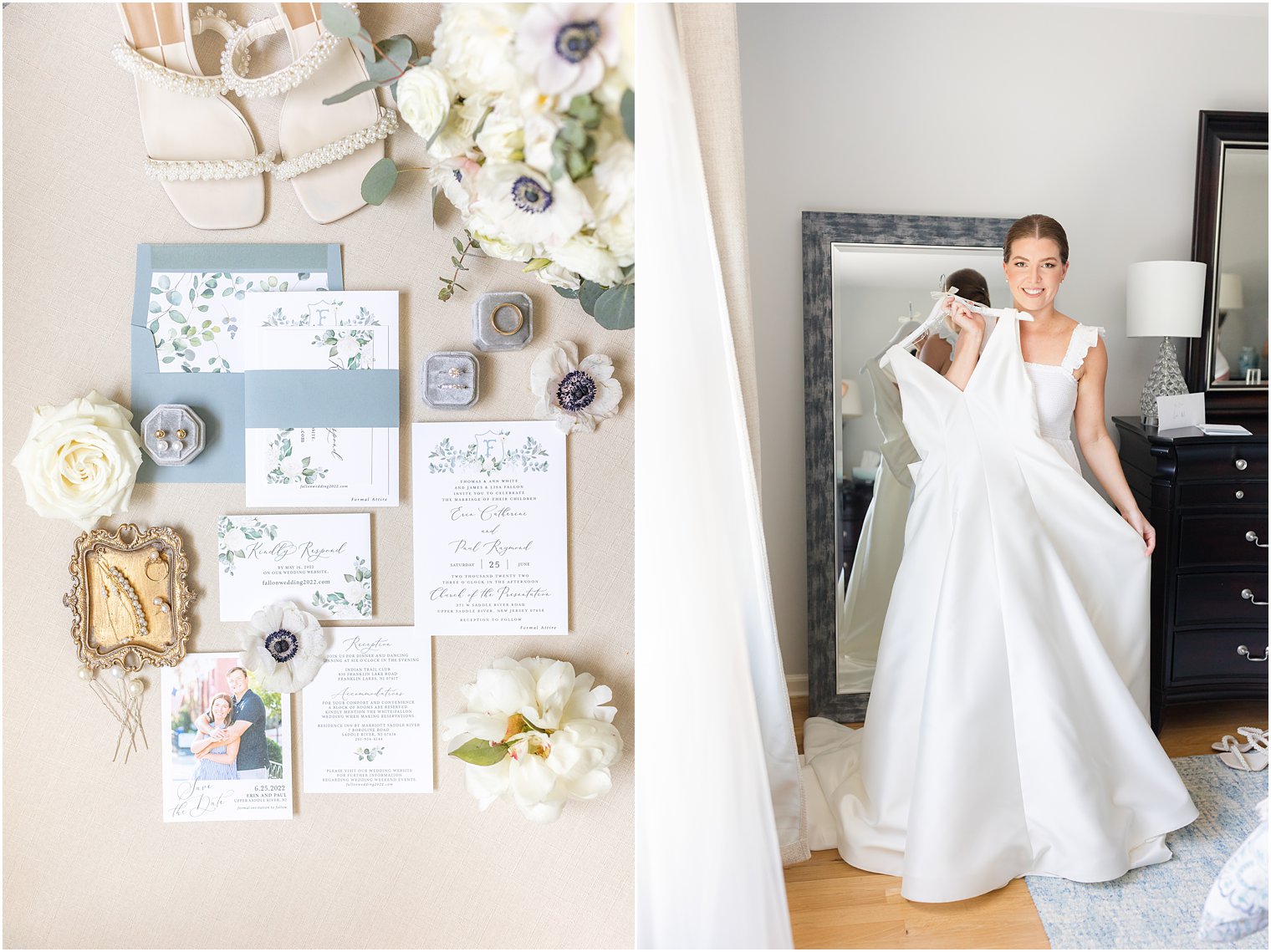 bride holds up wedding gown standing in bedroom