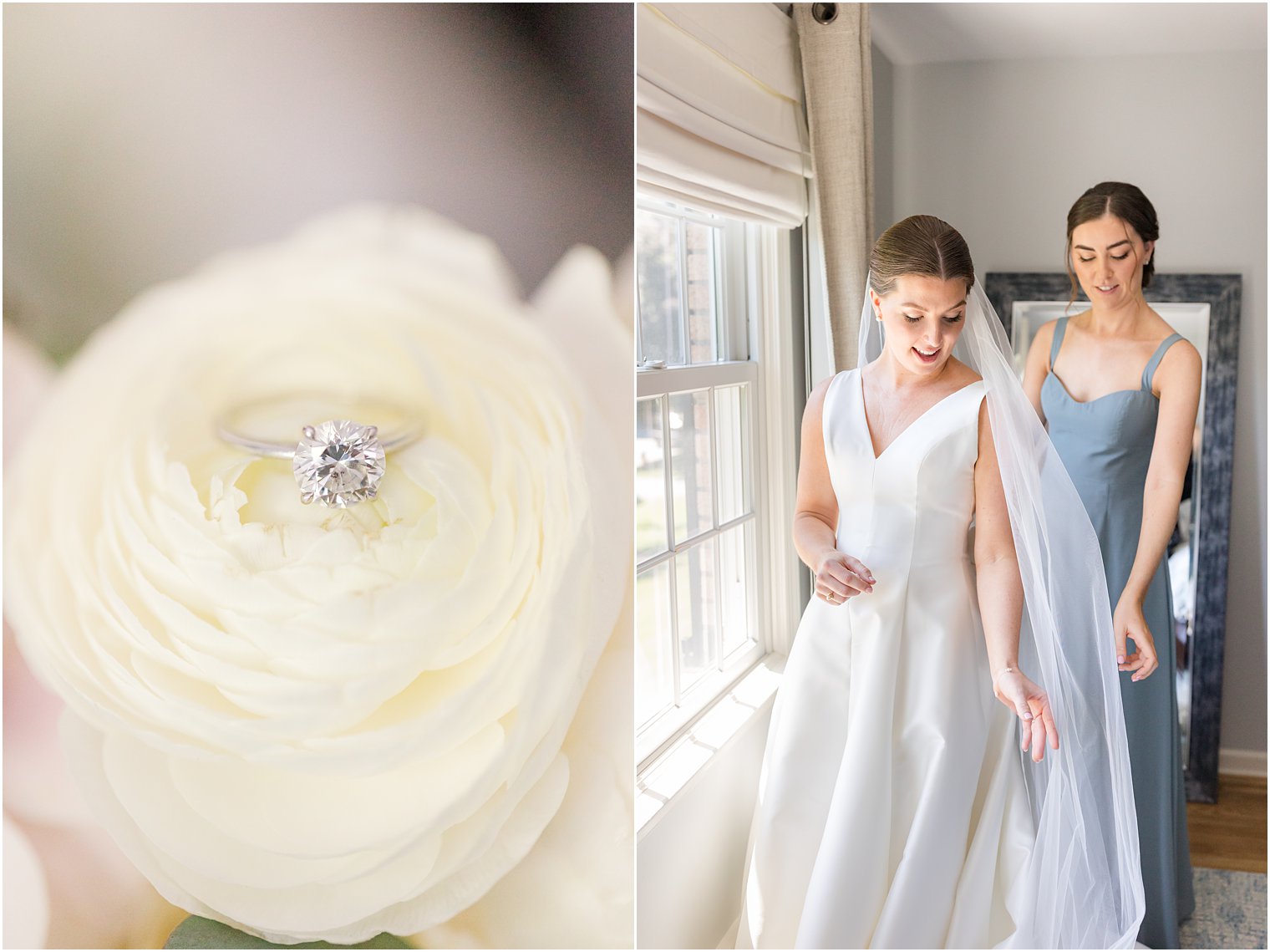 bridesmaid in blue gown helps bride with veil