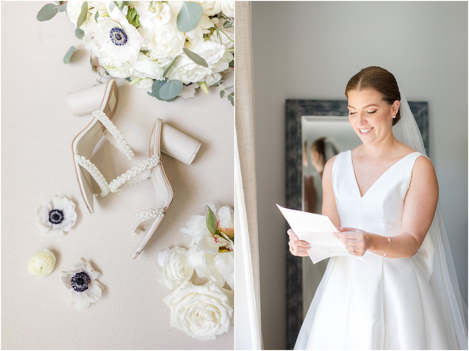 bride reads letter on wedding day by window