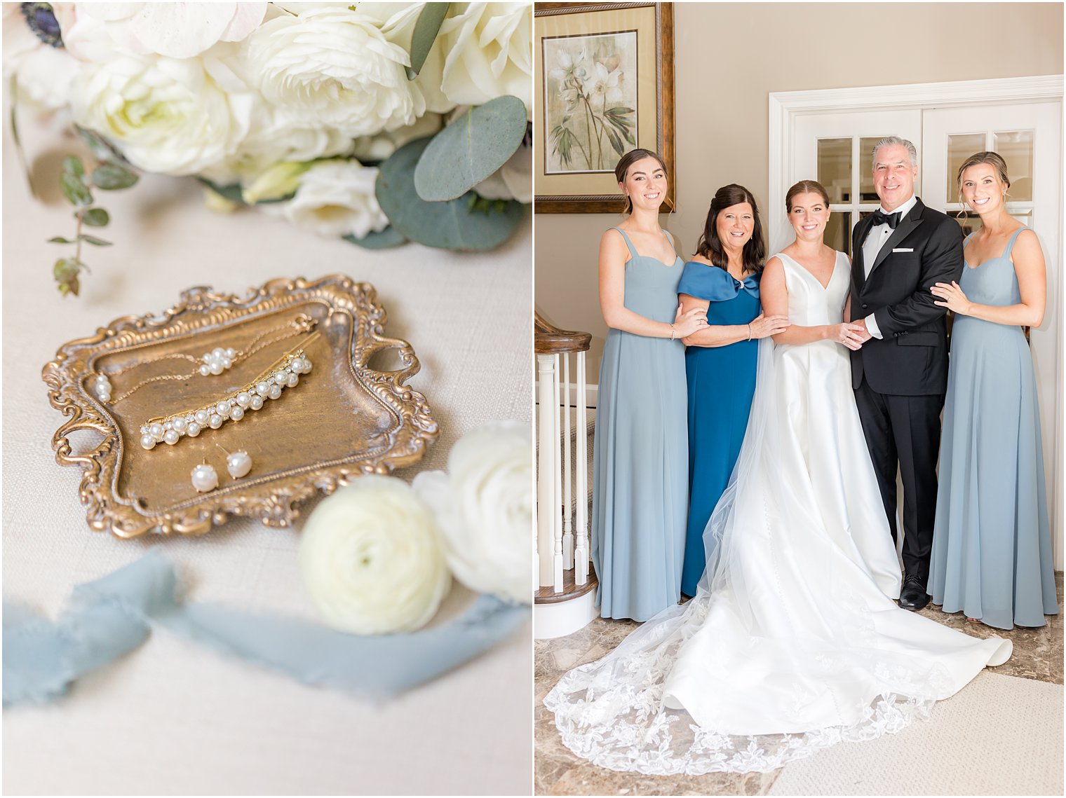 family stands with bride on wedding morning