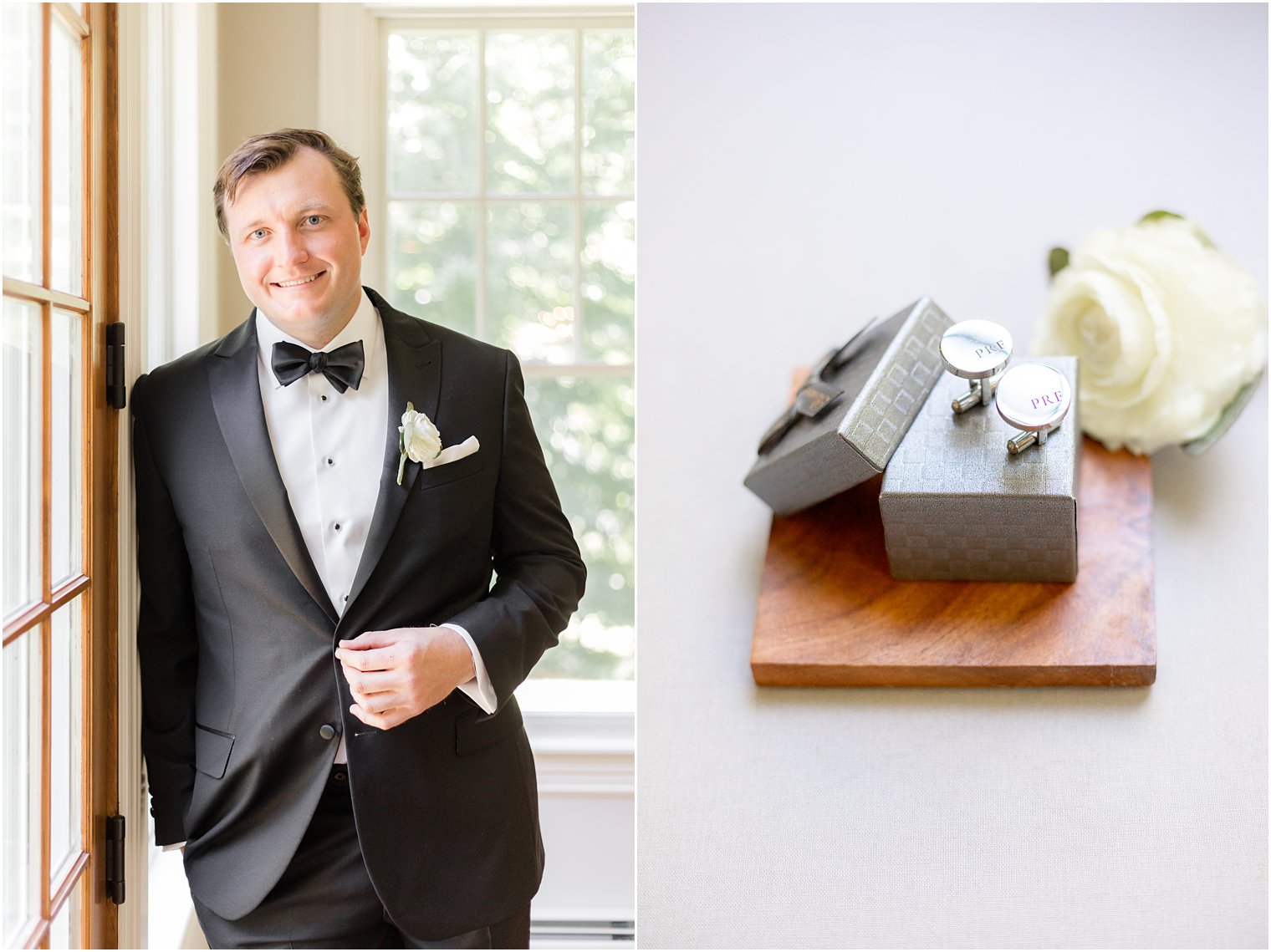 groom leans against wooden window frame