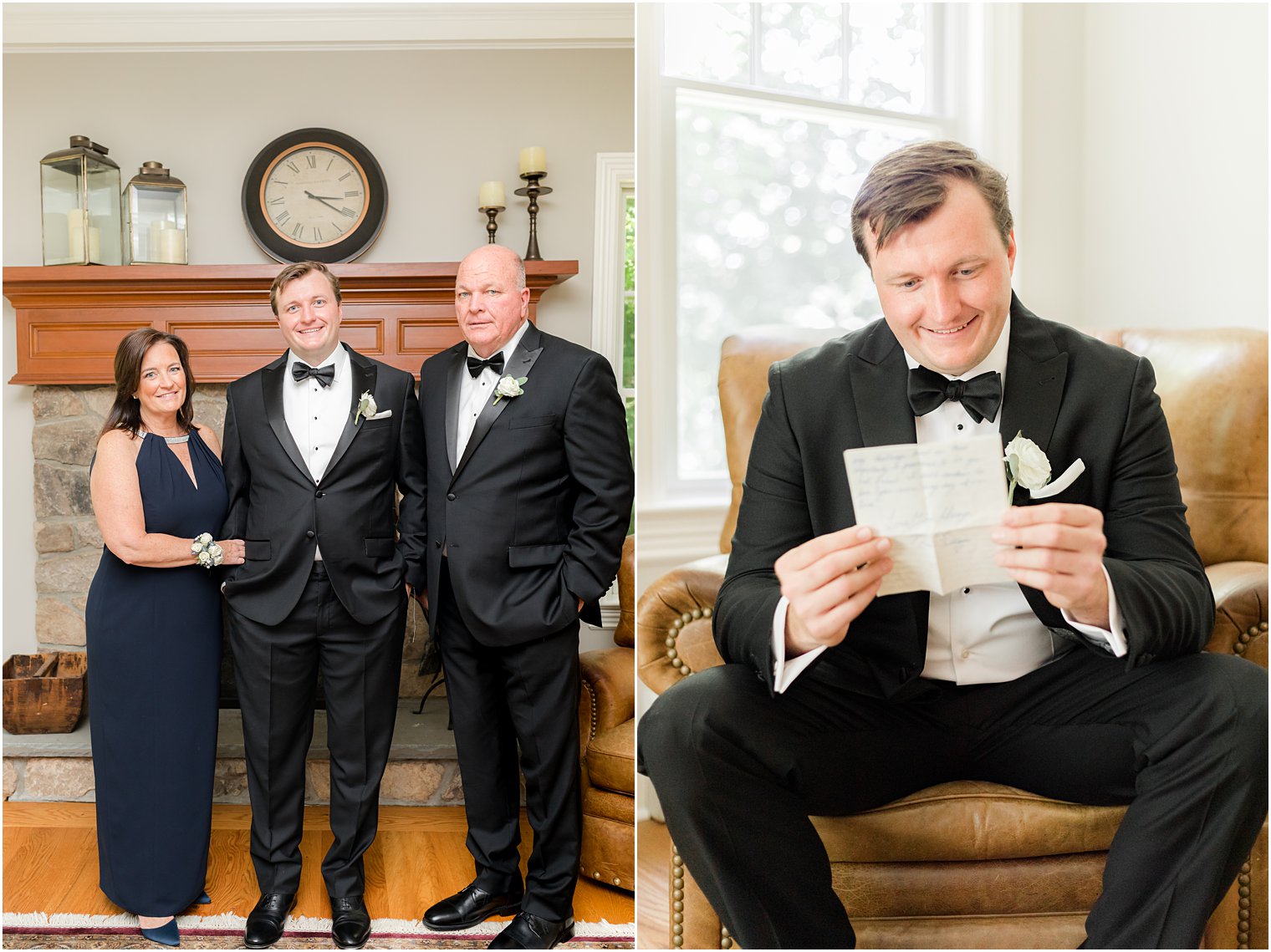 groom reads letter with parents during wedding prep