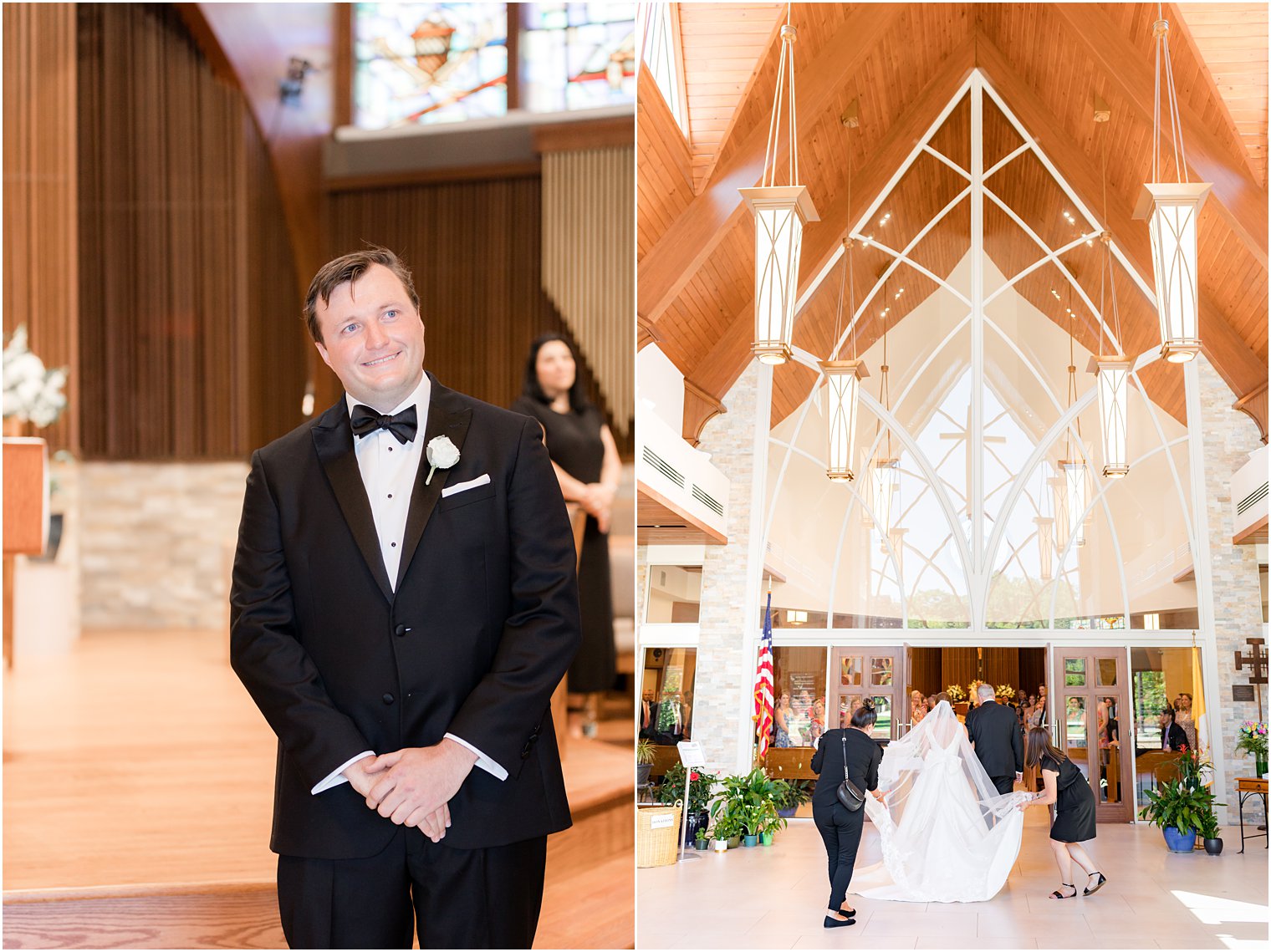 groom watches bride walk down aisle during traditional wedding ceremony at the Church of the Presentation