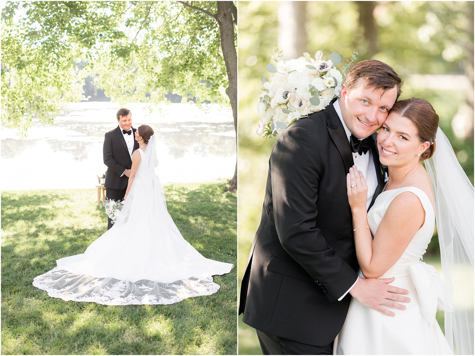 newlyweds hug by lake at Indian Trail Club