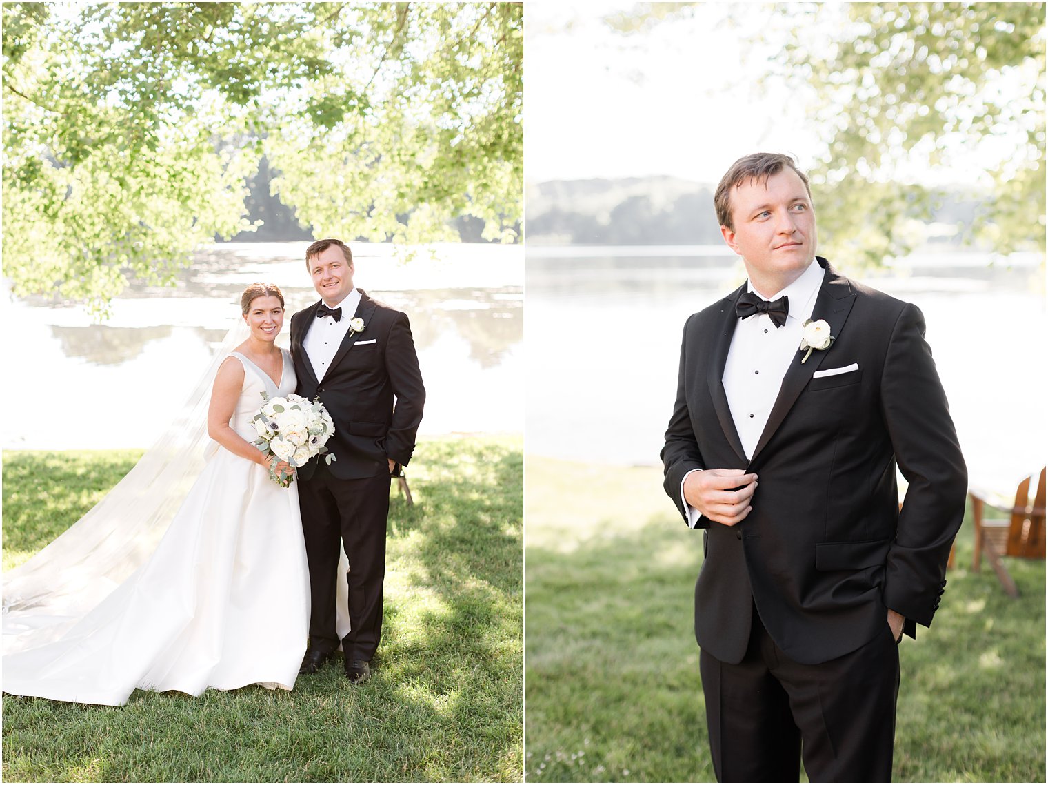groom stands in classic black suit by lake at Indian Trail Club