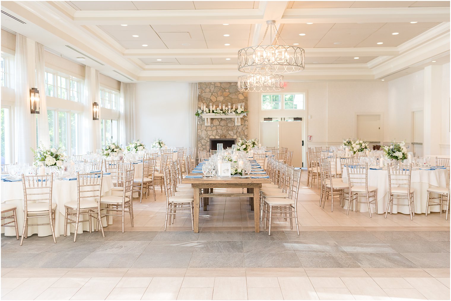 Indian Trail Club wedding reception with blue and white details 