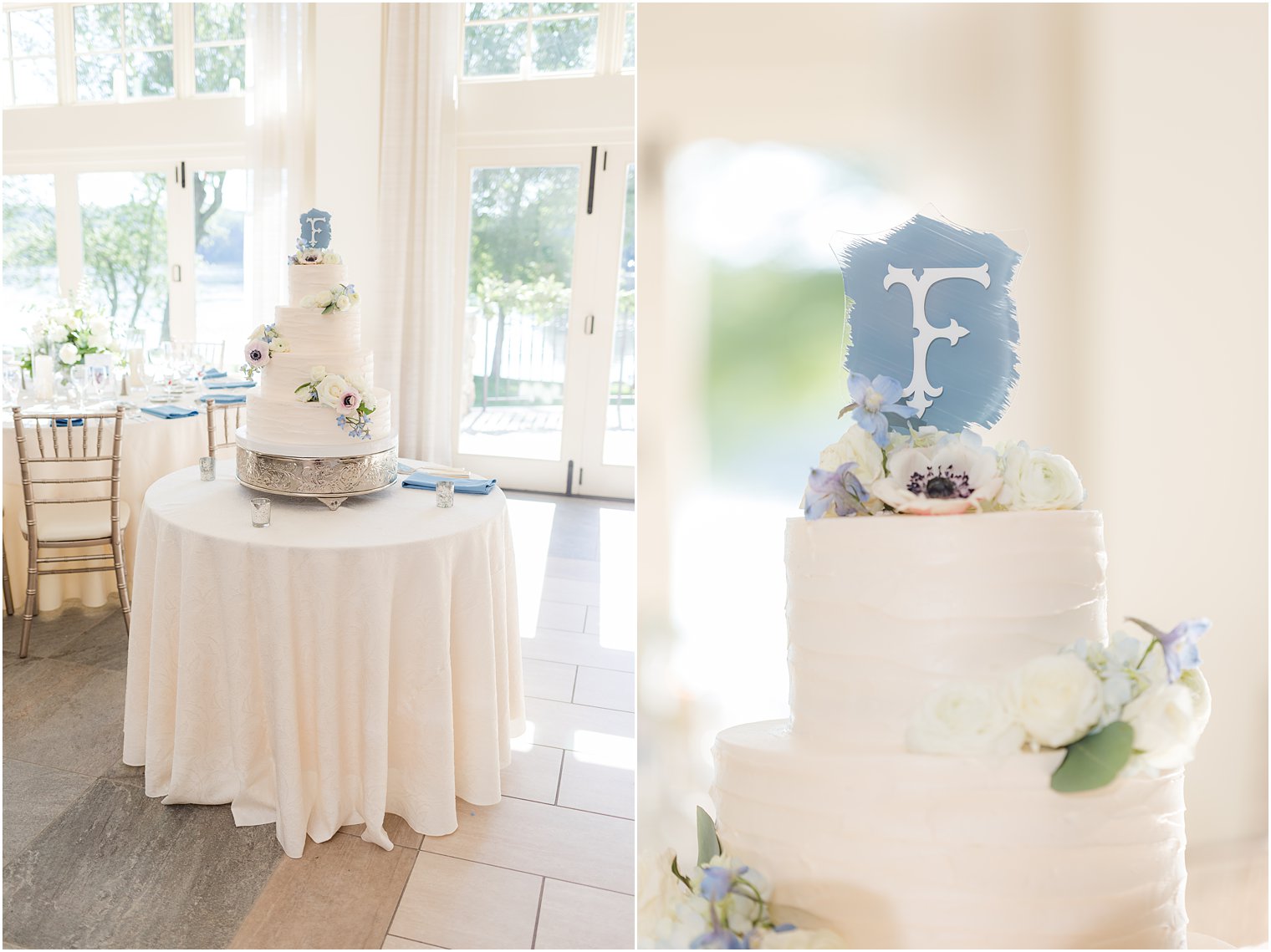 wedding cake with custom "F" on top