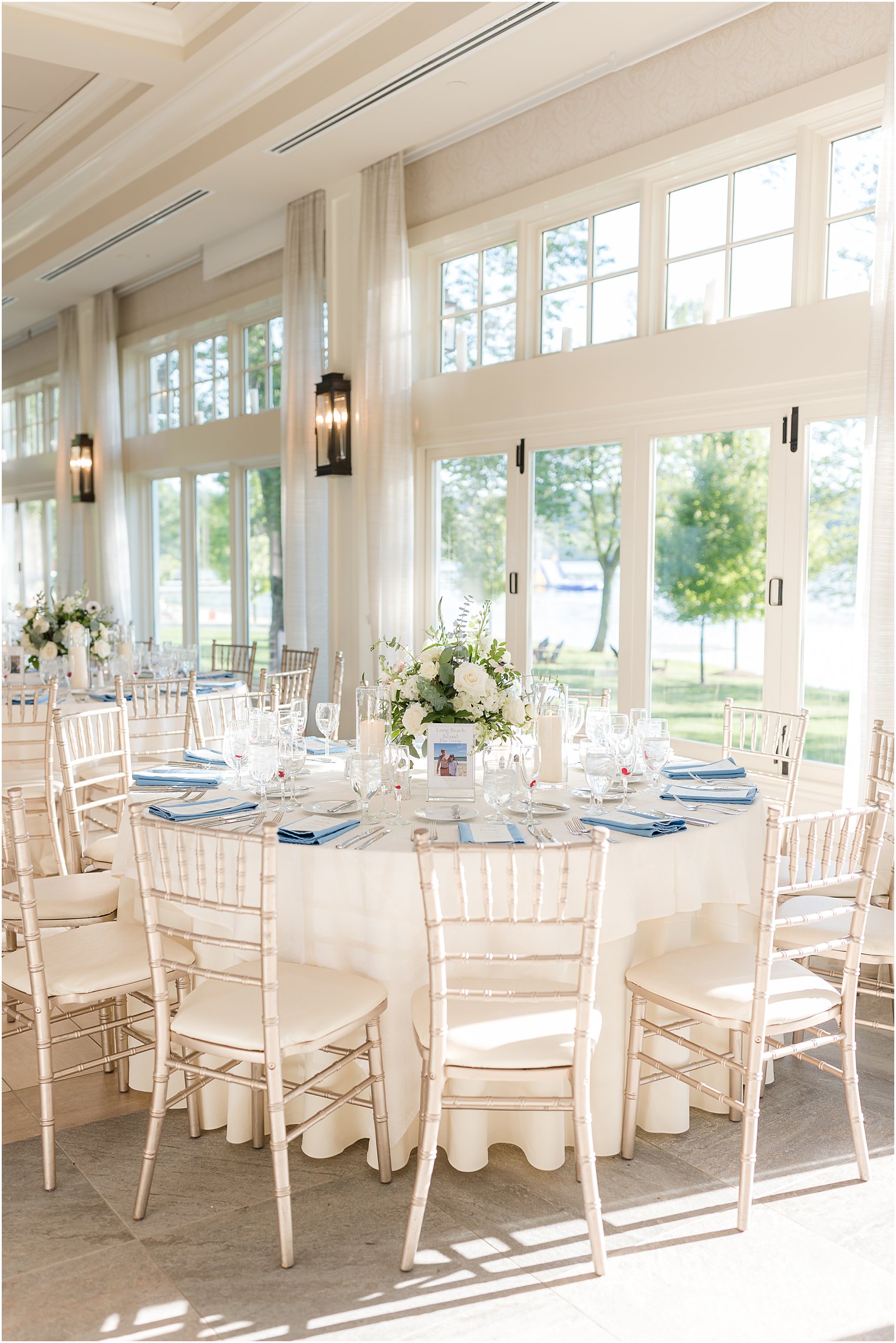 Indian Trail Club wedding reception with blue and white details 