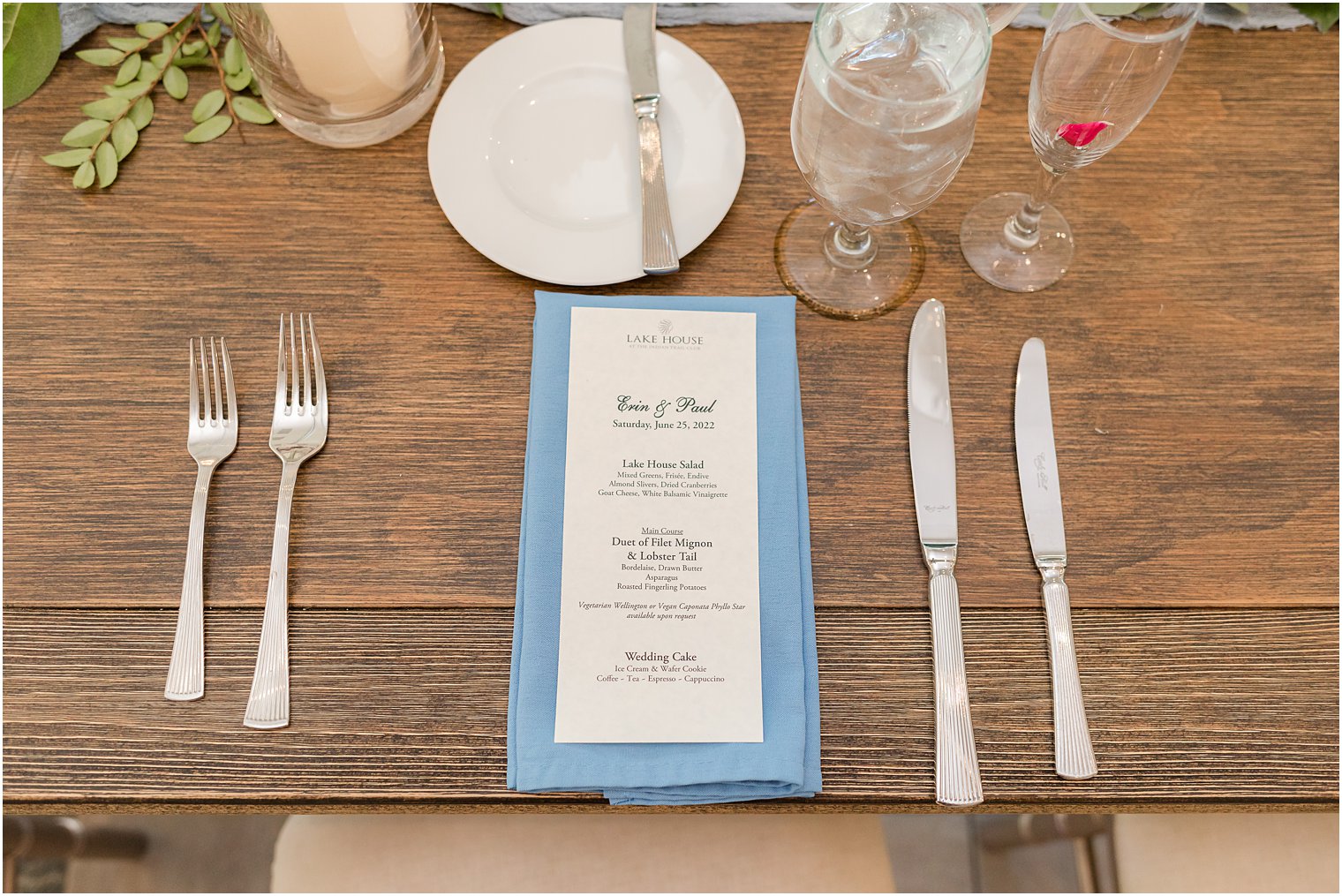 place setting on blue napkins at Indian Trail Club