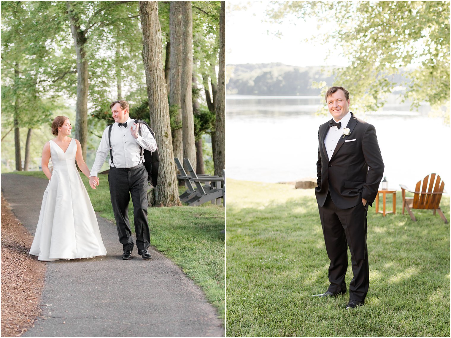 newlyweds walk down path with groom's jacket over his shoulder 