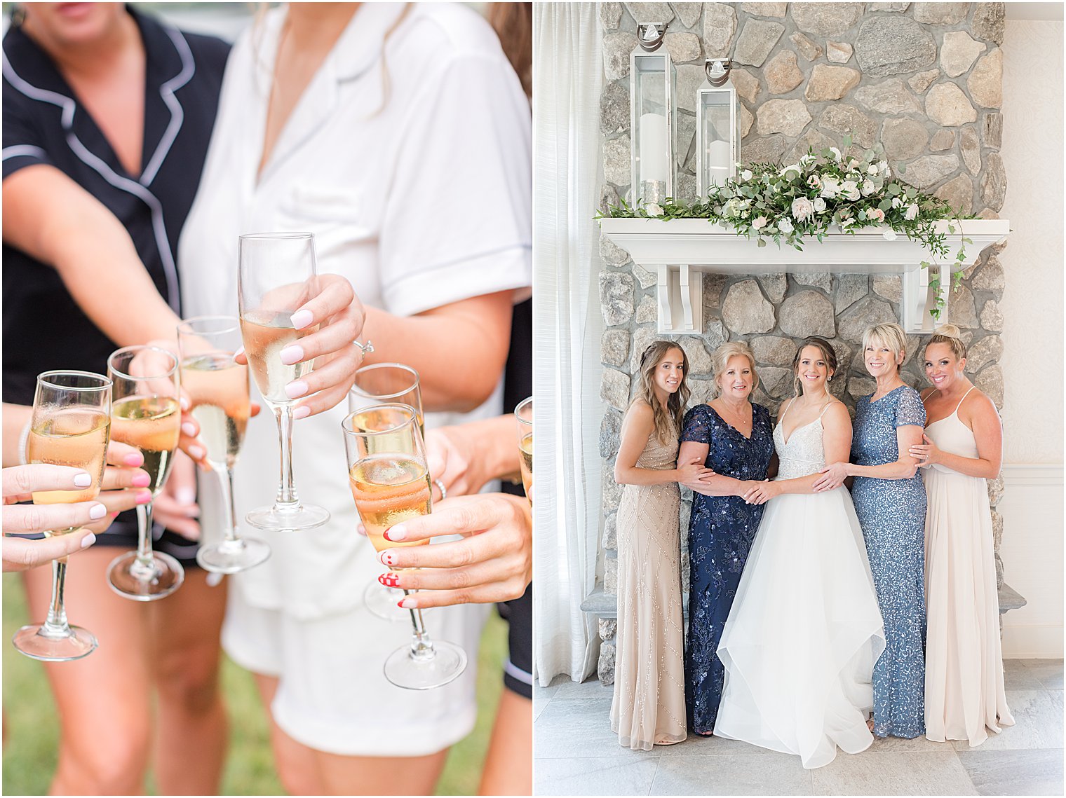bride poses with women in family by stone fireplace