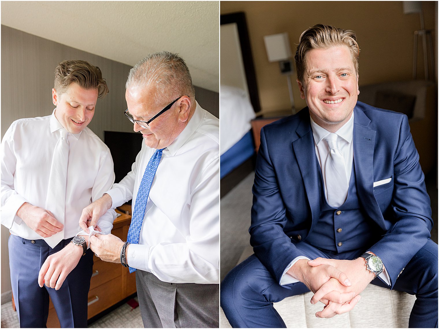 groom sits in blue suit before Indian Trail Club wedding