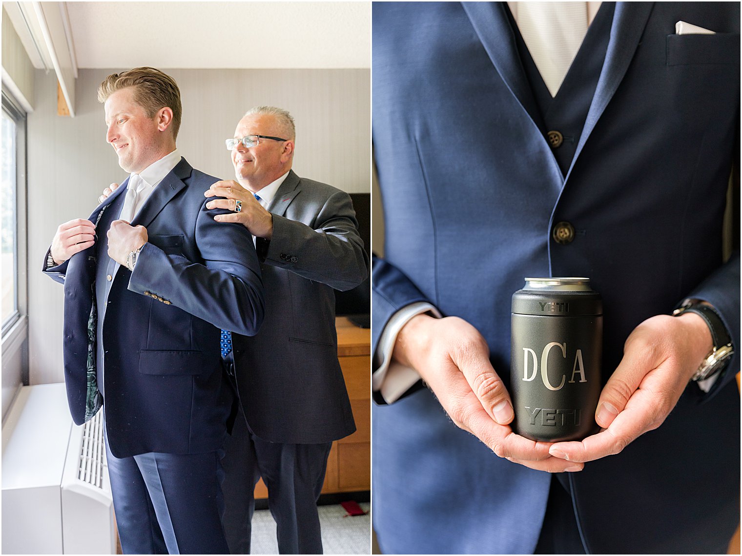 groom holds custom koozy before NJ wedding