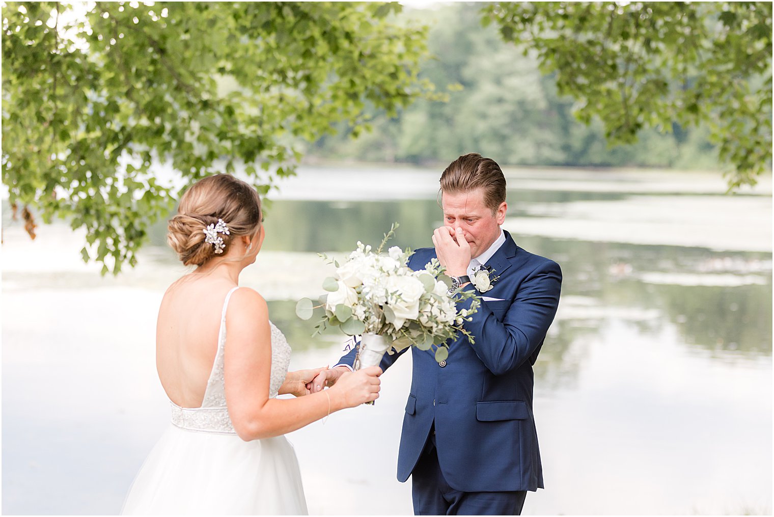 groom cries during first look in New Jersey