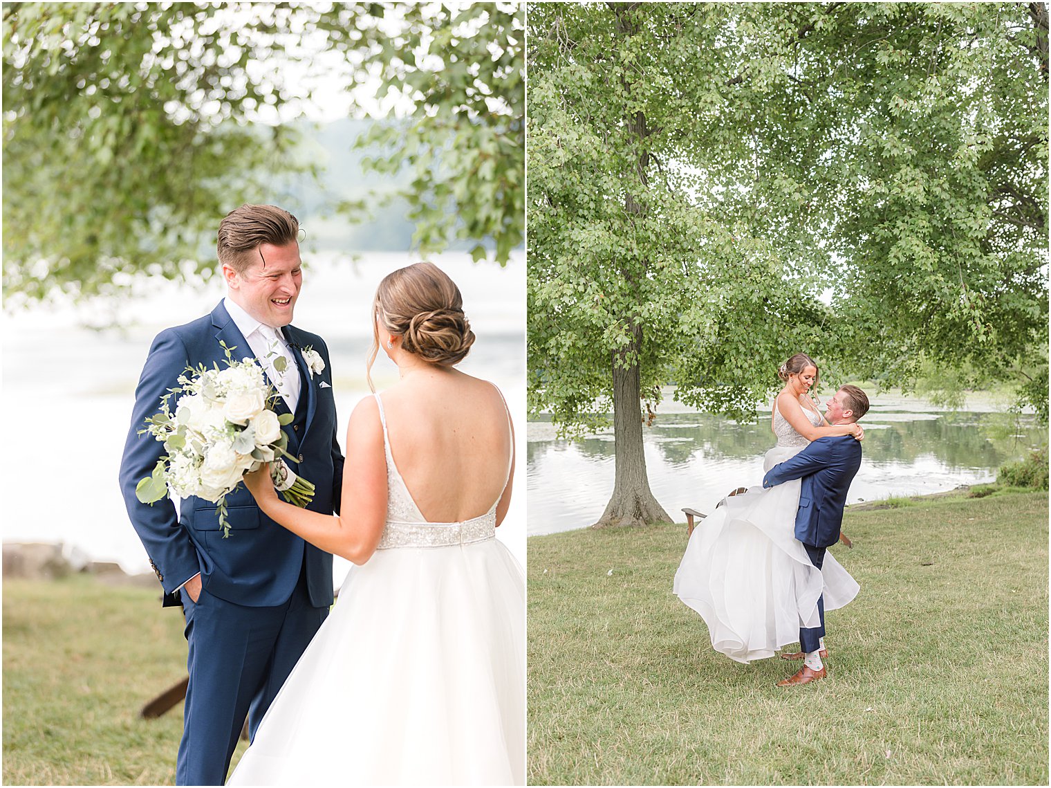 groom twirls bride around along lake at Indian Trail Club