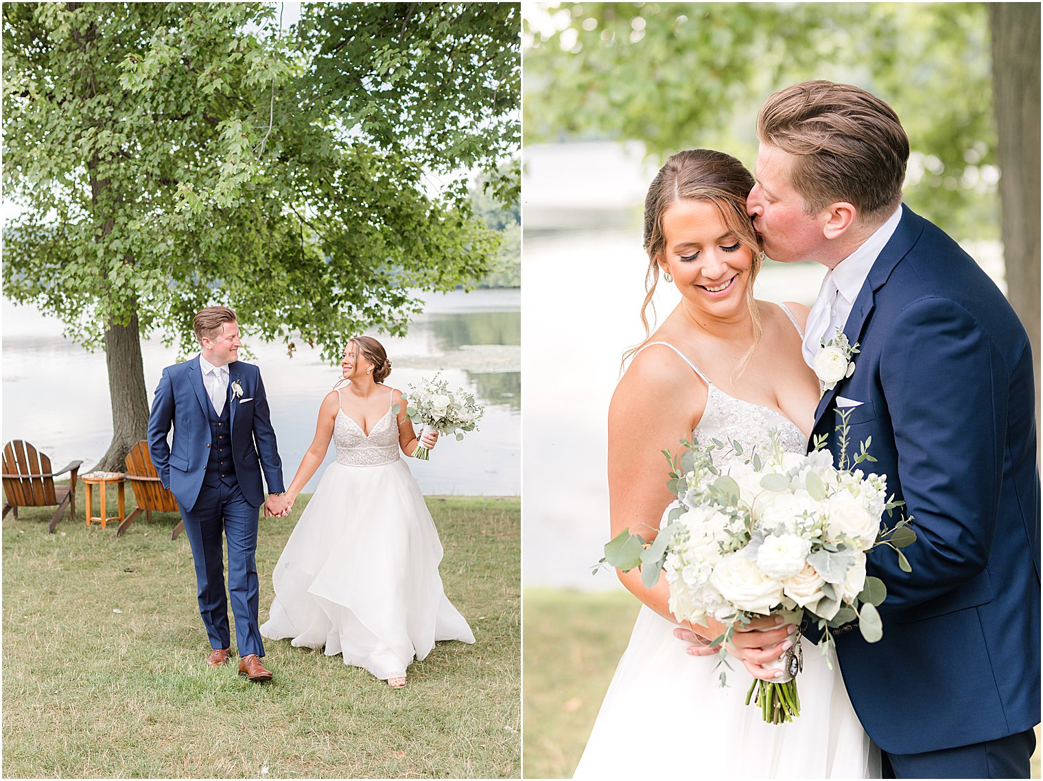 groom kisses bride's cheek during NJ wedding portraits 