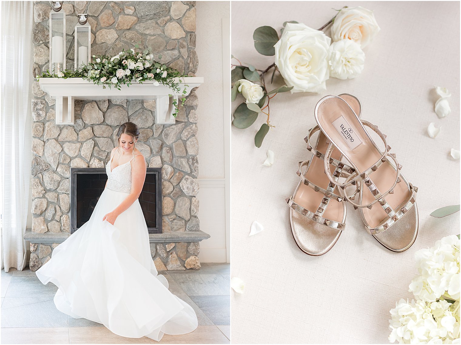 bride twirls wedding dress by stone fire place before ndian Trail Club wedding