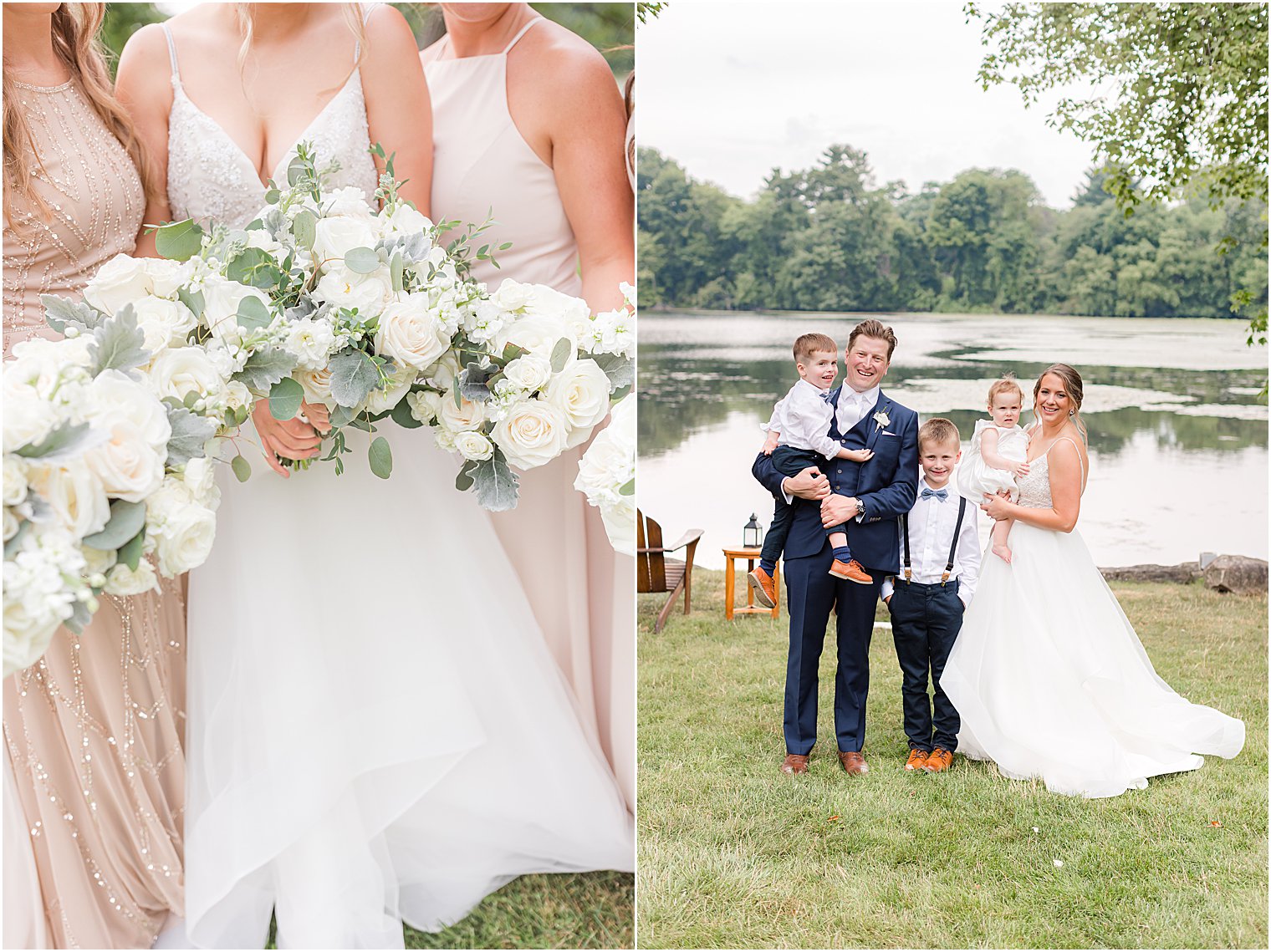 bride and groom pose with ring bearers and flower girl