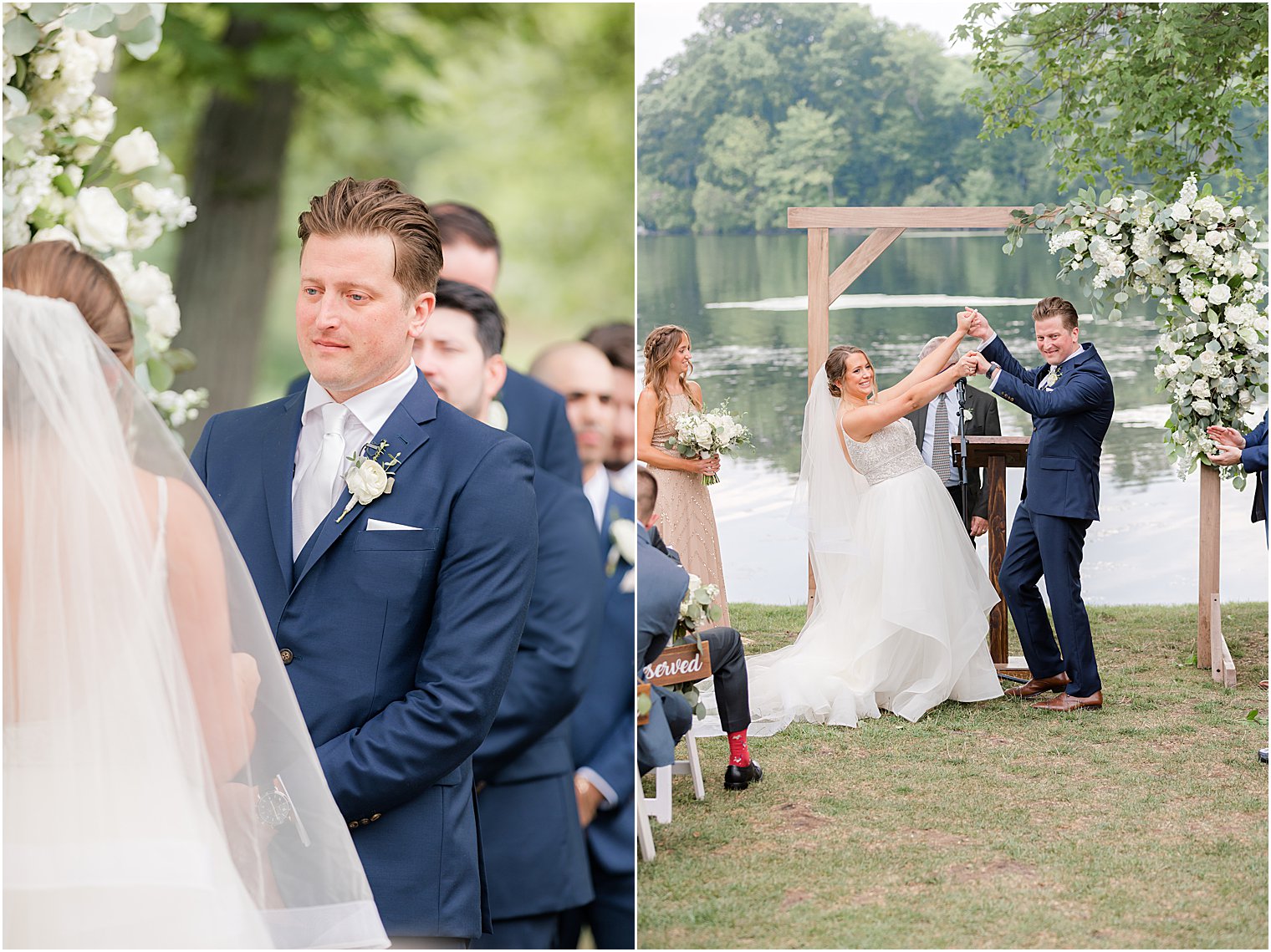 bride and groom exchange vows during outdoor wedding ceremony by water at Indian Trail Club