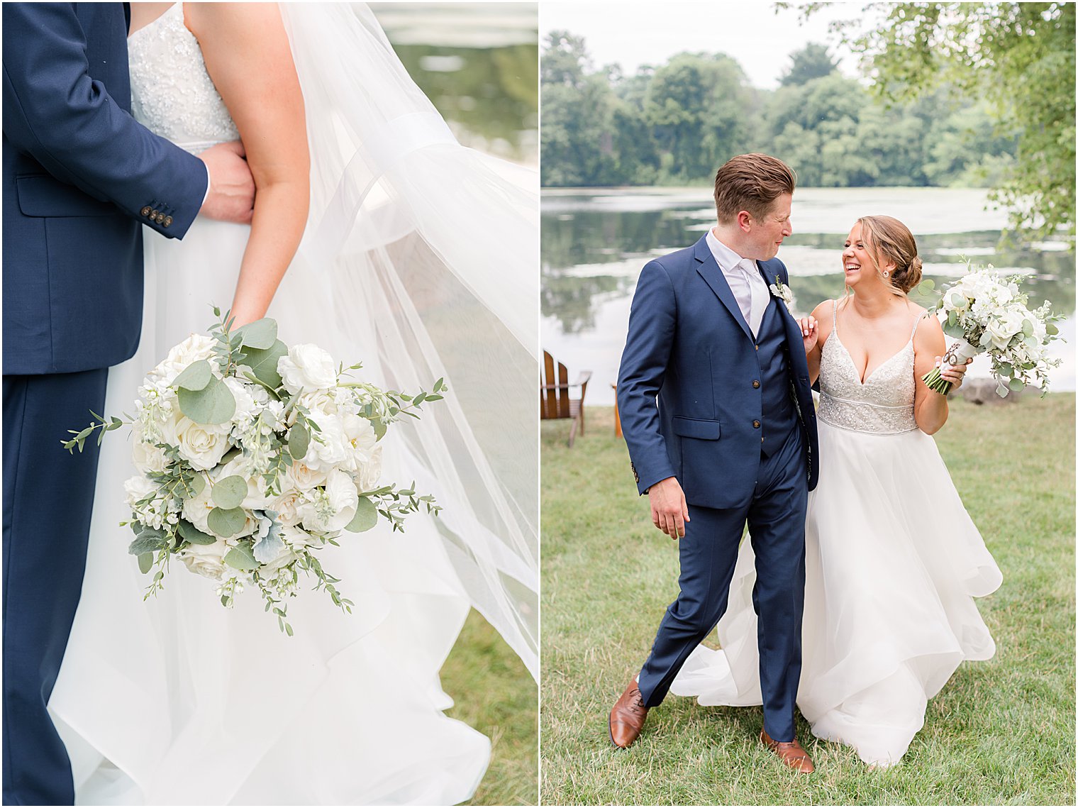 newlyweds walk along waterfront in Franklin Lakes, NJ