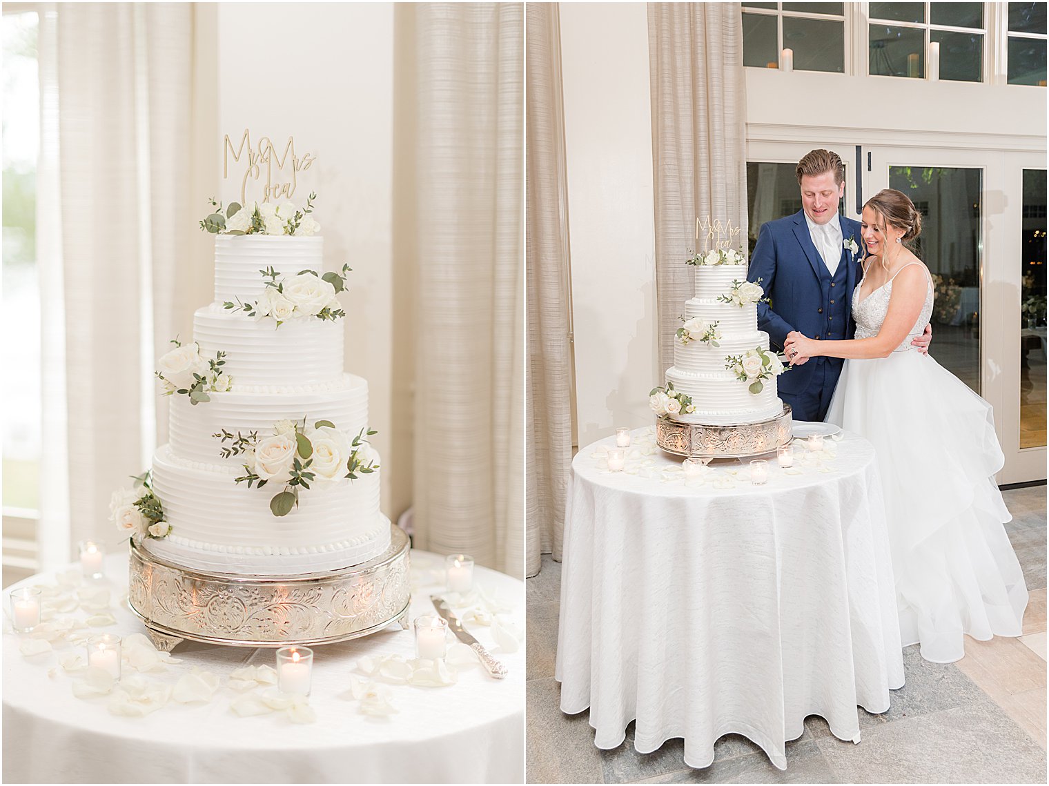 bride and groom cut tiered wedding cake at Franklin Lakes, NJ wedding reception