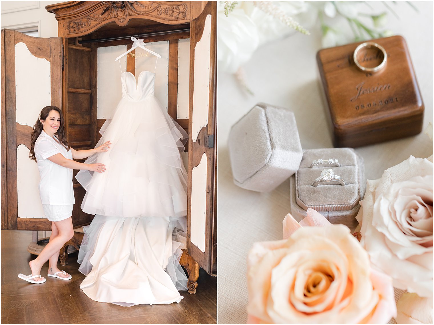 bride looks at wedding gown in wardrobe at Park Chateau Estate