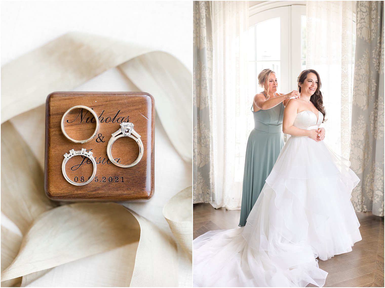 mother helps bride into wedding gown in suite at Park Chateau Estate