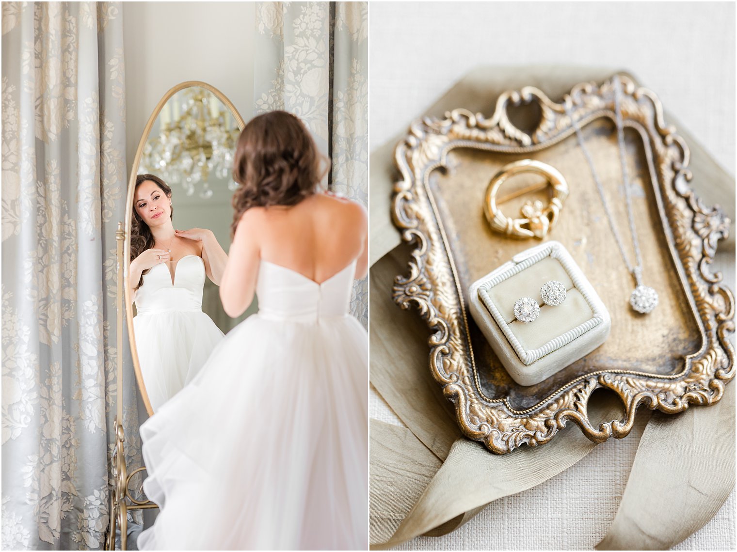 bride adjusts earrings and necklace in mirror at Park Chateau Estate