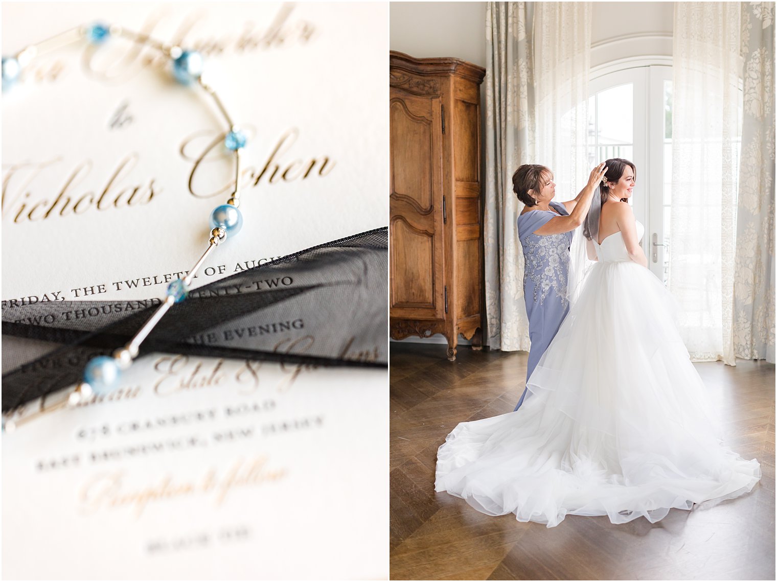 mother helps bride with veil in suite at Park Chateau Estate