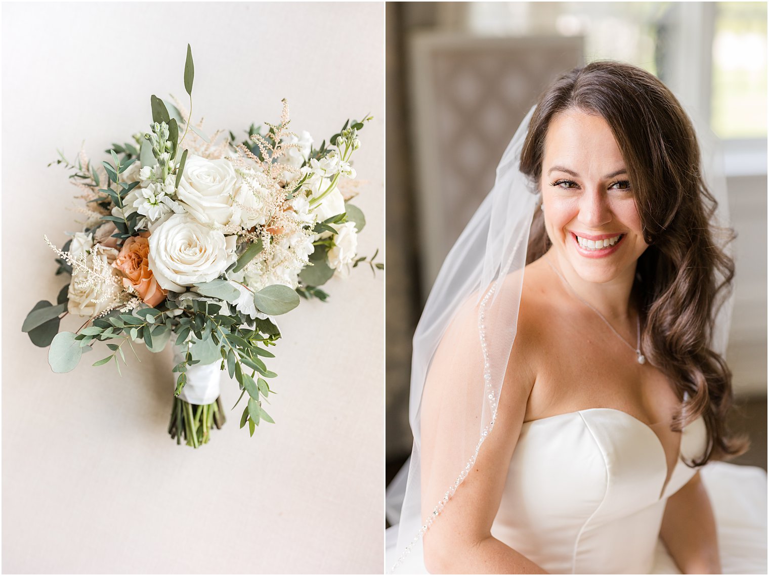 bride smiles sitting in strapless gown with veil around her shoulders at Park Chateau Estate