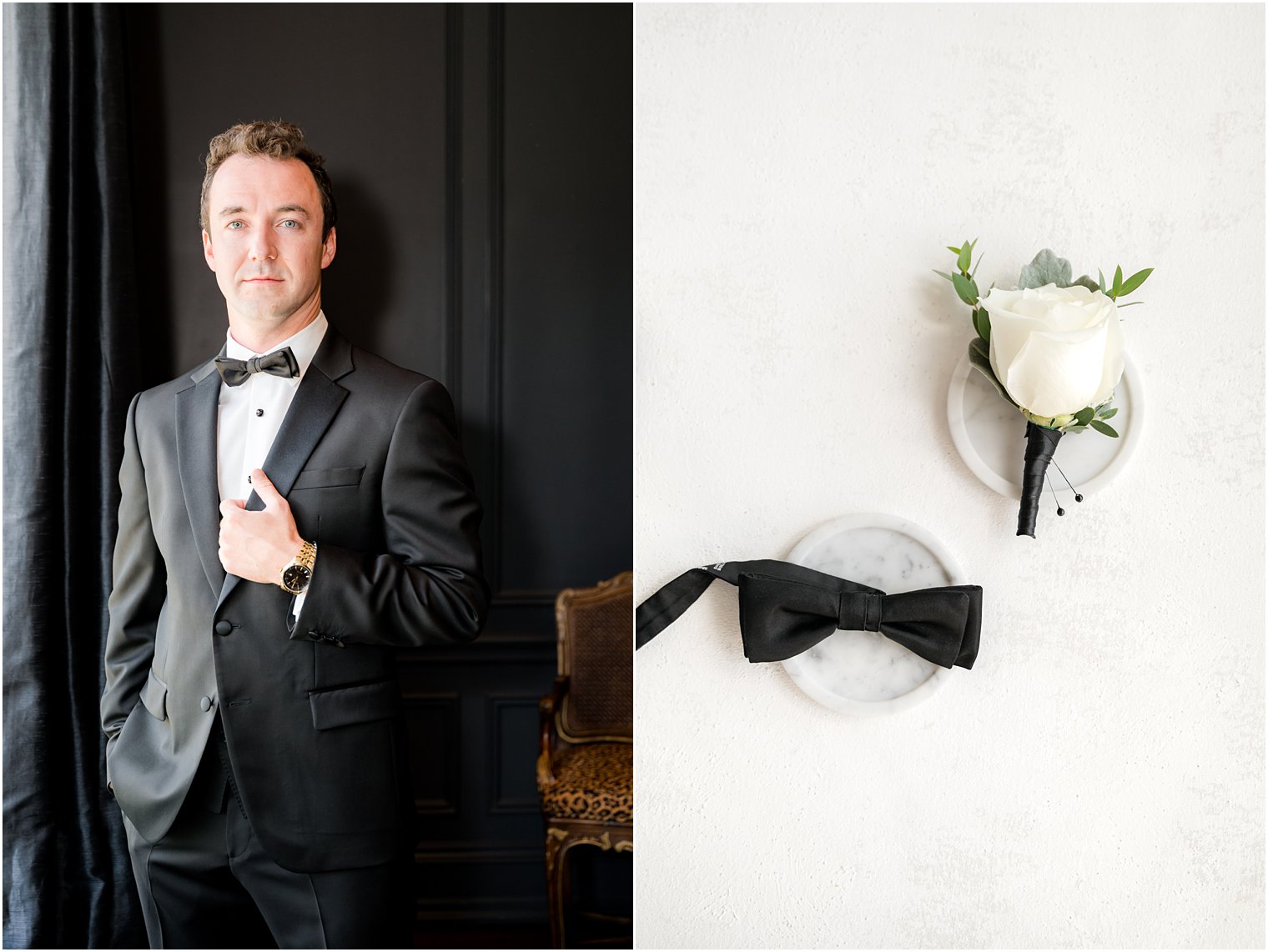 groom adjusts tux jacket during prep at Park Chateau Estate