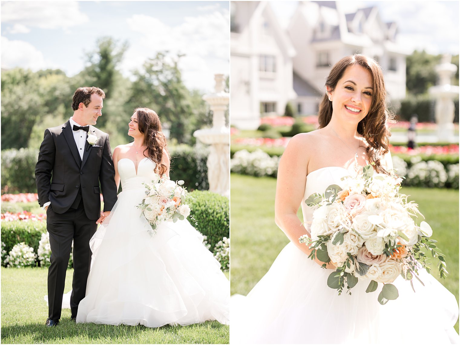 bride smiles up at groom while walking on lawn at Park Chateau Estate