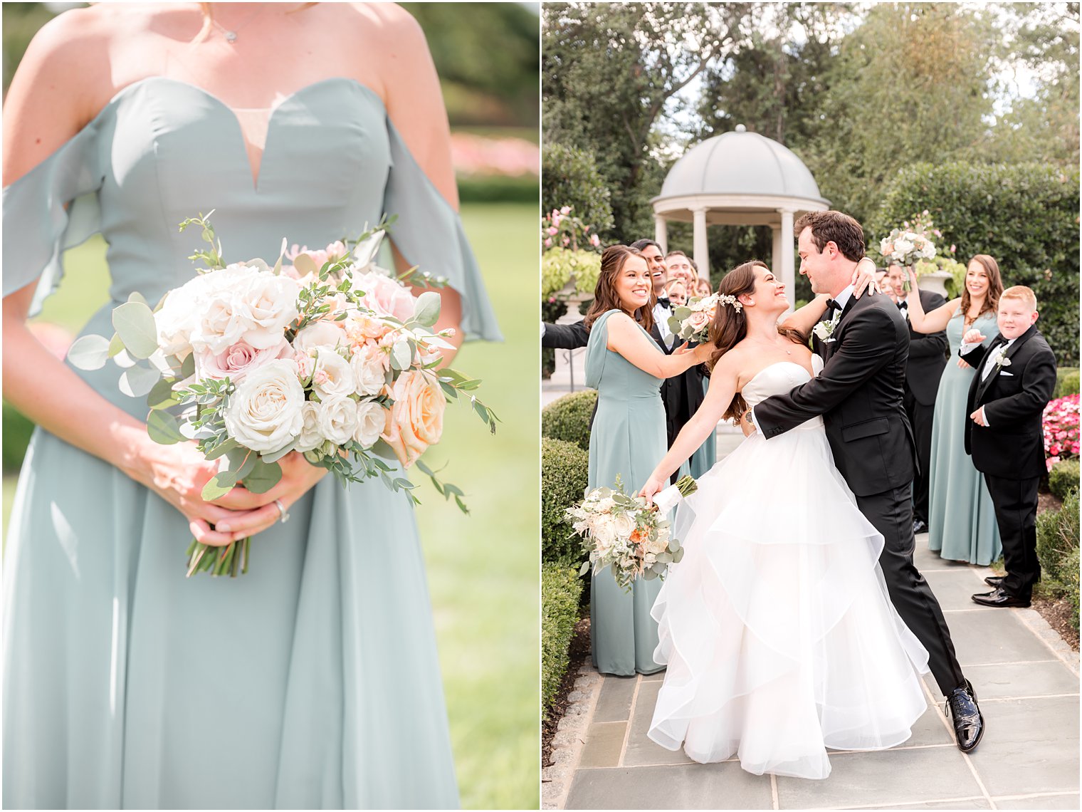 newlyweds hug while wedding party cheers behind them