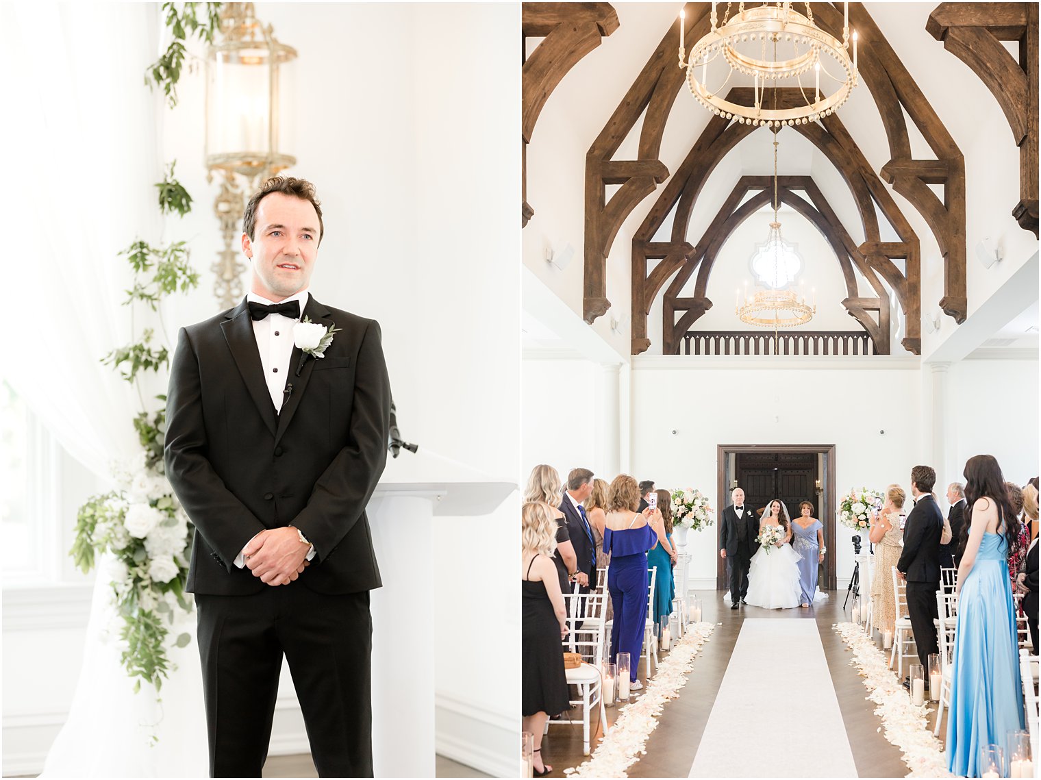 groom watches bride enter chapel at Park Chateau