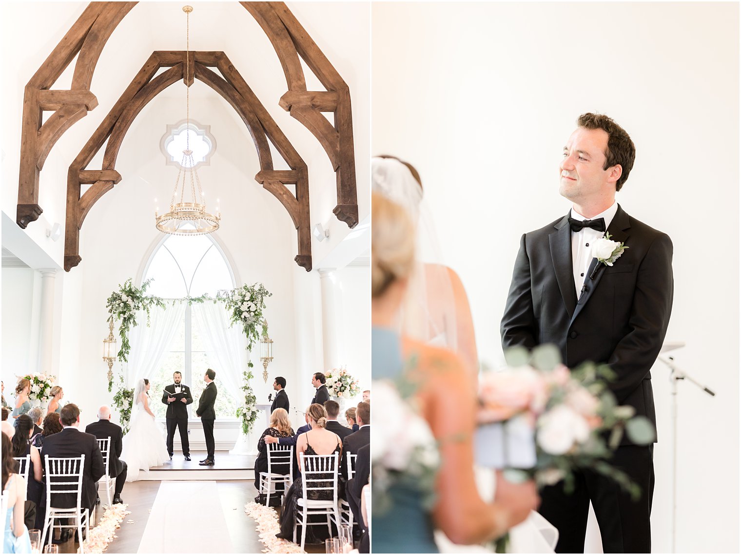 newlyweds listen to officiant during wedding ceremony 