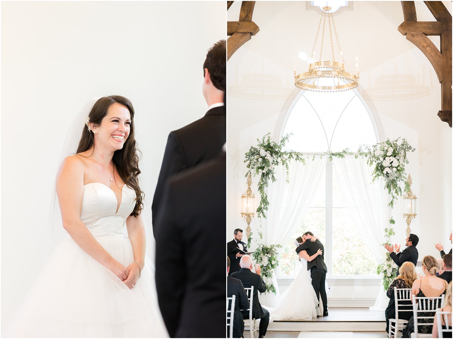 bride laughs with groom during ceremony in Park Chateau Estate chapel