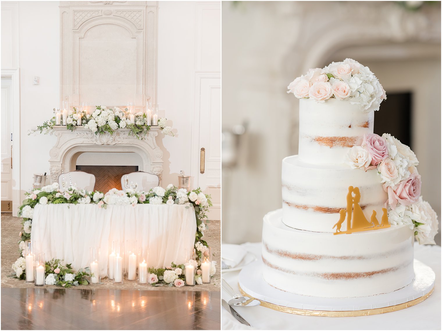 sweetheart table covered in pink and white roses