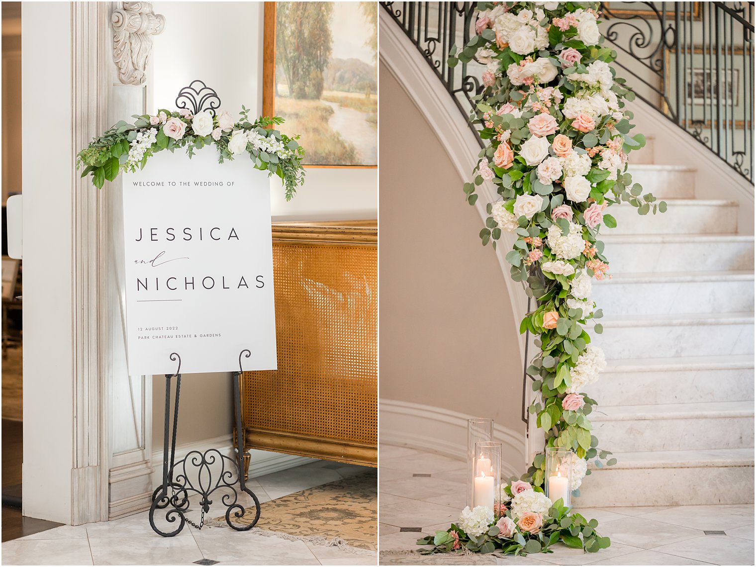 pink and white flowers drape down staircase at Park Chateau Estate