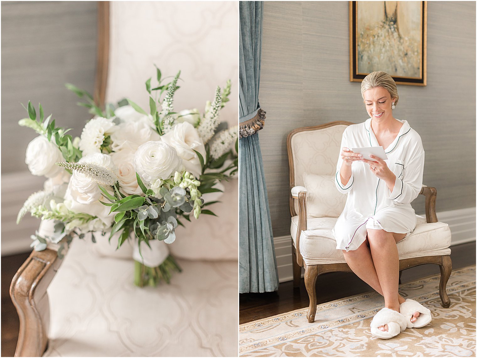 bride sits in bridal suite at Shadowbrook at Shrewsbury