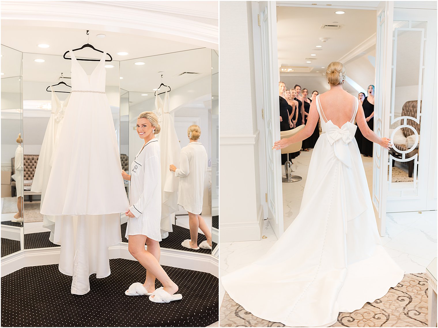 bride looks at wedding dress in bridal suite for New Jersey wedding 