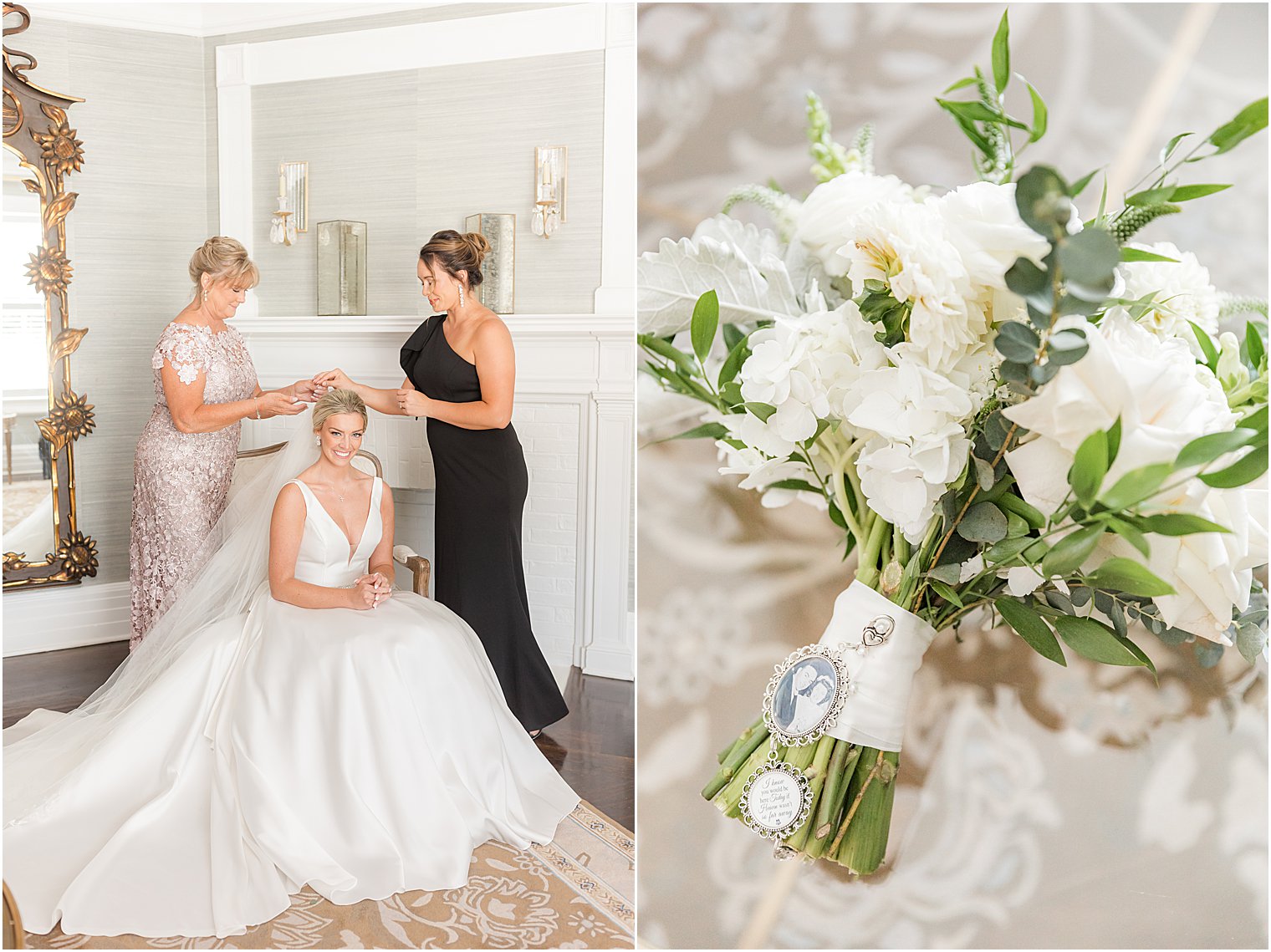 bridesmaid and mother helps bride with wedding day prep