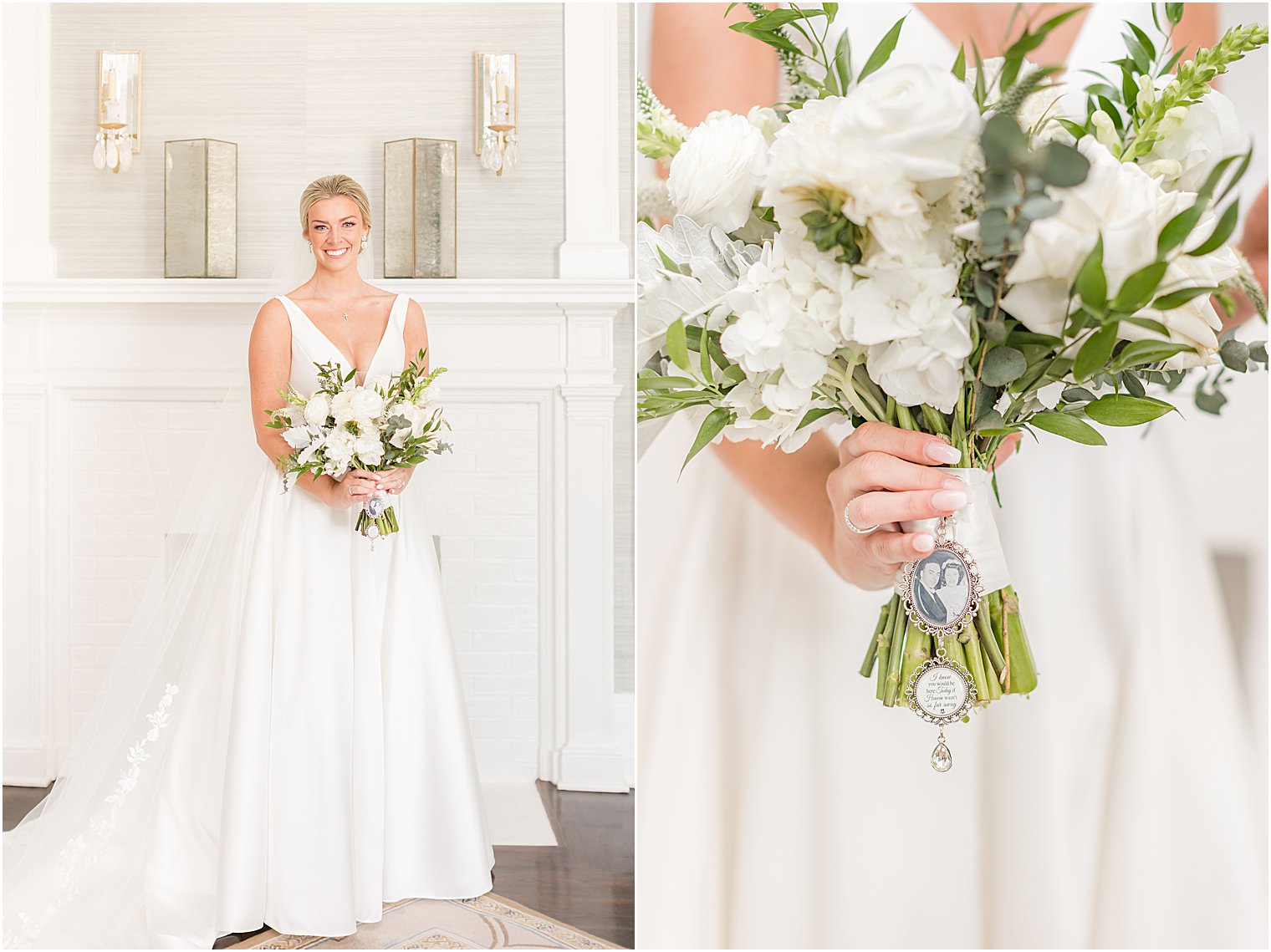 bride poses by fireplace holding bouquet of white flowers