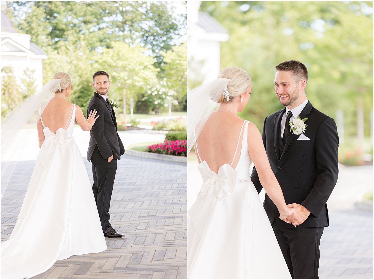 bride and groom hold hands during first look at Shadowbrook at Shrewsbury