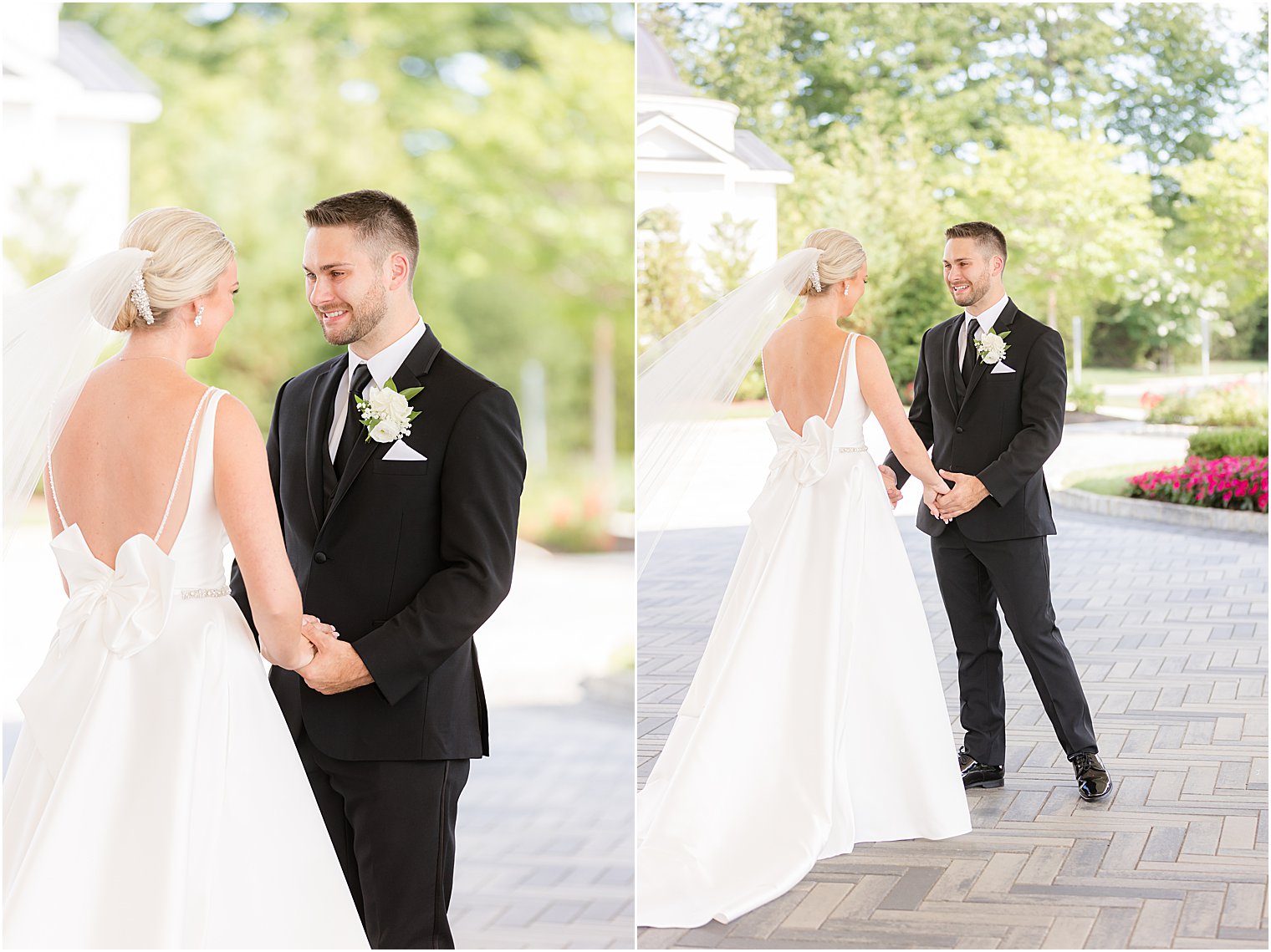 bride holds hands with groom during first look in New Jersey