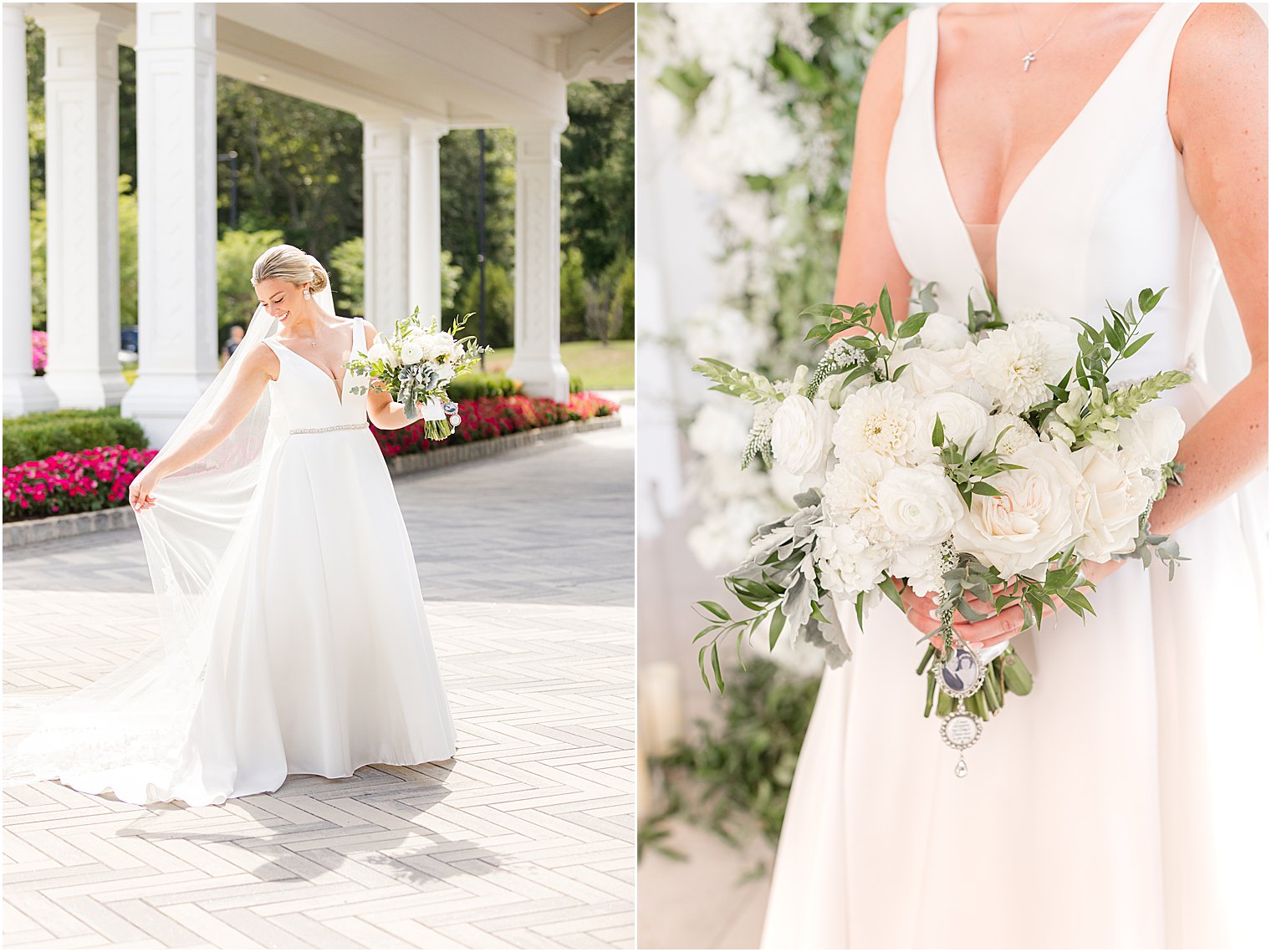 bride poses holding bouquet of white flowers