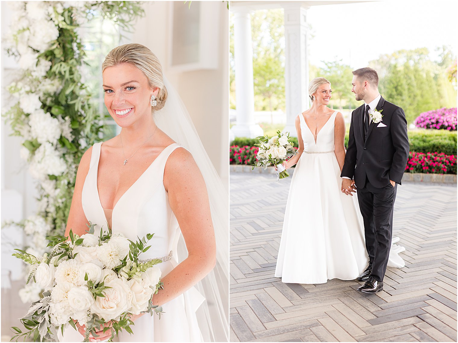 bride nd groom hold hands walking through awning at Shadowbrook at Shrewsbury