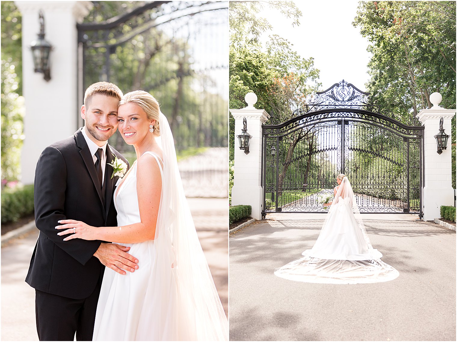 bride and groom hug by front gate of Shadowbrook at Shrewsbury